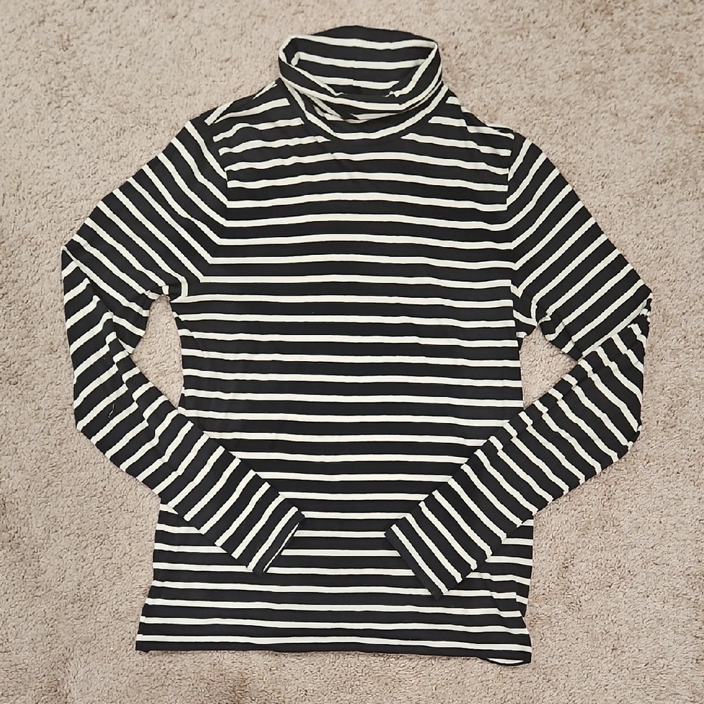 J.Crew Striped Turtleneck Top L Large Black White 100% Cotton Long Sleeve Knit